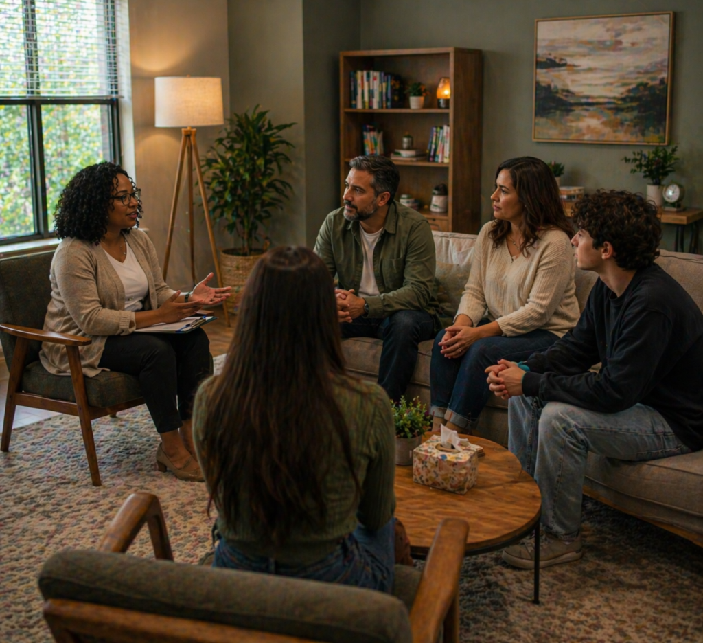 Woman in a supportive therapy environment